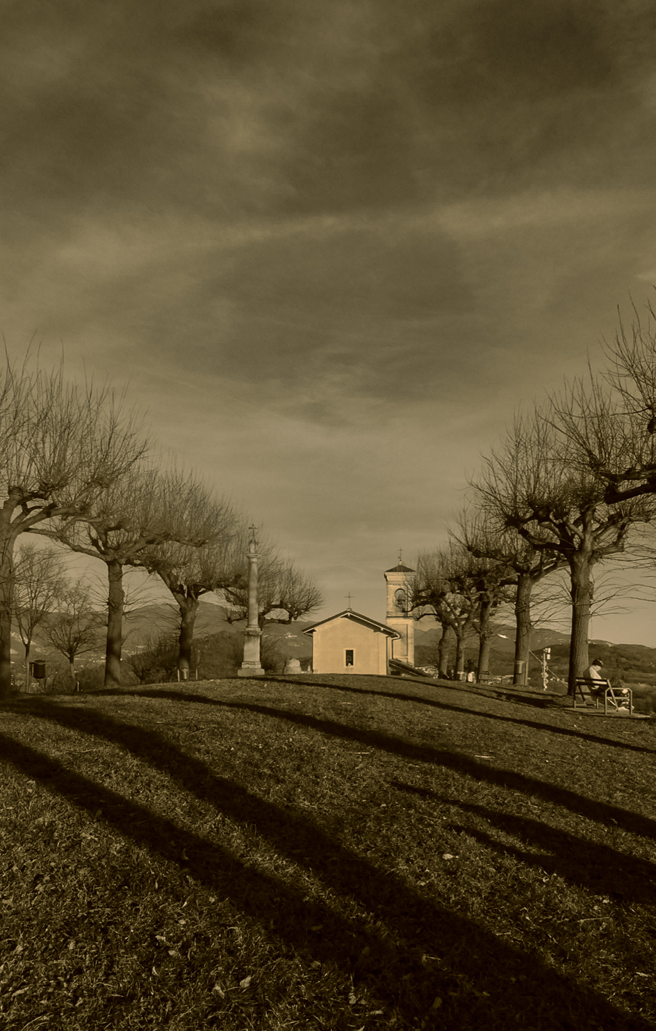 Country house and bare trees under a dramatic sky